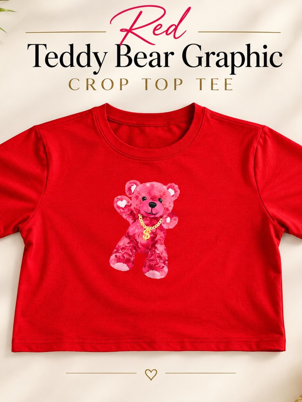 Red Teddy Bear Graphic Crop Top Tee - Women’s